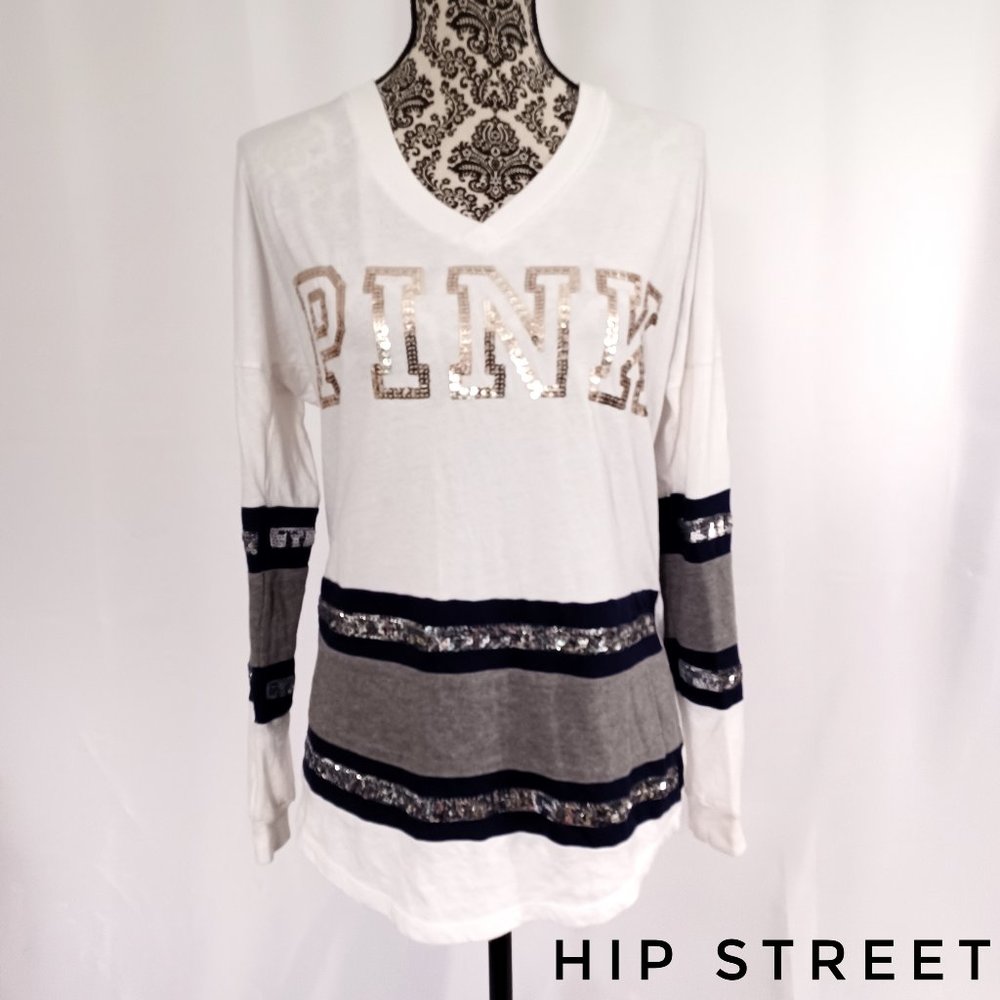 VICTORIA'S SECRET PINK TEE LS Gold and Silver Sequin Color Band Oversize XS